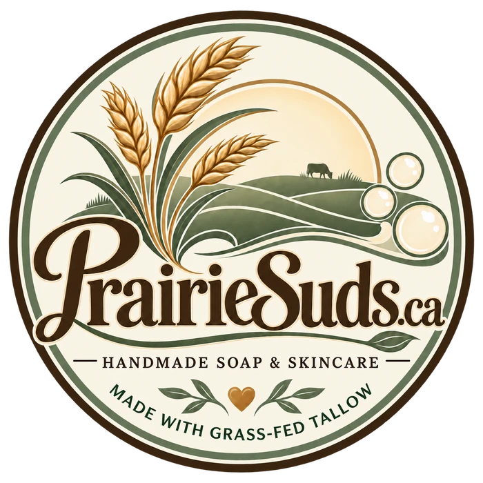 PrairieSuds.ca badge logo with prairie, wheat and grazing cow